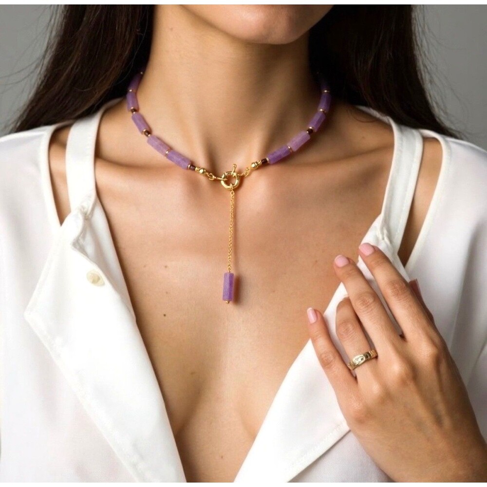 18K Gold Plated Amethyst Beaded Y Toggle Necklace Semi Precious Quiet Luxury NEW